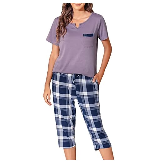 Vlazom Dam pyjamas randig pyjamas set rund hals med bröstficka tvådelad kortärmad skjorta med 3/4 byxor, Stil B-grå, XL