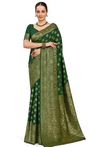 AKLEENA Women's Kanjivaram Banarasi Art Silk Saree with Unstitched Blouse Piece (Dark Green)