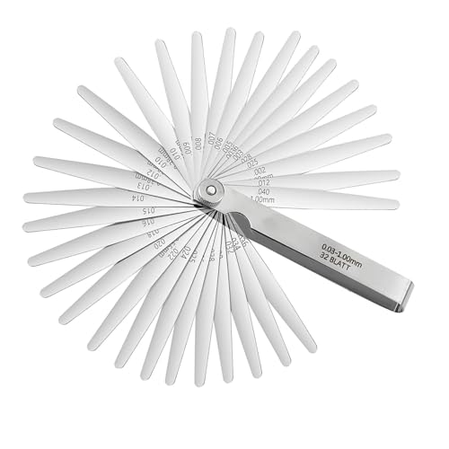 LINTRA Spessimetro, Acciaio Inox Spessimetro a Lamelle, Gamma di Tappi da 0,03 a 1,00 mm, 32 Pezzi Spessimetro Inox per la Misurazione Precisa di Larghezze e Spessori Delle Fessure