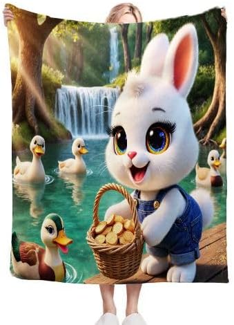 Throw Blanket Double Size Animated Rabbit, Soft Thick Flannel Blanket Double Size for Adult Kids, Microfiber Fluffy Flannel Blankets for Bed Sofa Living Room, 60" x 80" L69-