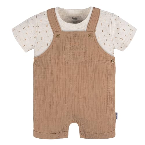 Image of Gerber Unisex Baby Gauze Overall Romper and T-Shirt Set