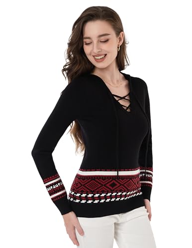 AmélieBoutik Women Fair Isle Hoodies Sweater Casual Lace Up Pullover Hooded Sweatshirt4