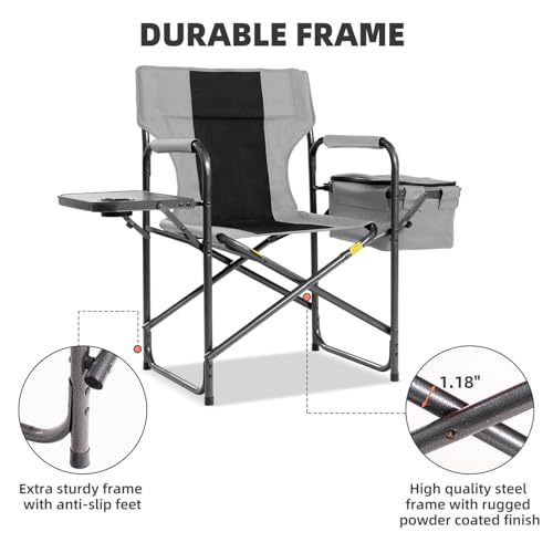 Silla de Camping Director con Bolsa Termica y Bandeja Lateral Plegable - Silla Resistente para Exterior de 400lbs, Plegable y Portátil para Pesca y Jardín (Negro y Gris) miniatura 7