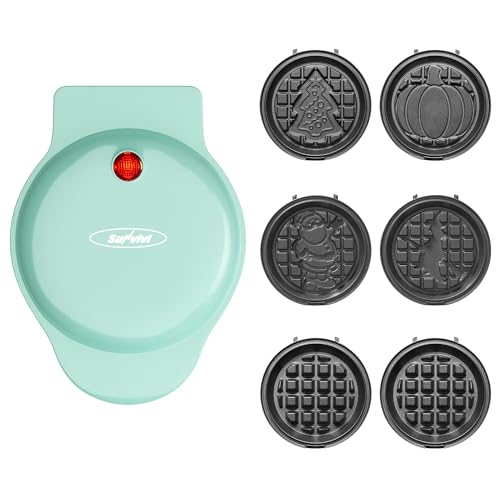 SUNVIVIPRO 6 in 1 Mini Waffle Maker: 4” Waffle Iron with Removable Non-stick Plates, Perfect Mini Waffle Maker for Kids and Families, Light Blue