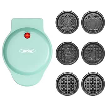 4” Mini Waffle Maker: 6 in 1 Waffle Iron with Removable Non-stick Plates, Waffle Machine for Kids and Families, (Santa Claus, Christmas Tree, Witch & Pumpkin), Light Blue