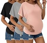 Ekouaer Maternity Shirts 3 Packs Dolman Sleeve Side Ruched Tops Tunic Casual Pregnancy Clothes Black/Misty Rose/Light Grey L