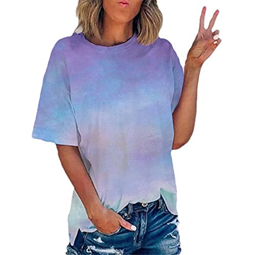 T-shirt pour femme - Été - Dégradé de couleur - Tie Dye - Imprimé tendance - Manches courtes, lilas, S