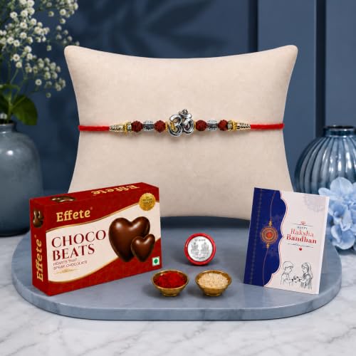 Image of DeoDap Rakhi with Chocolate for Brother - OM Design Silver Color Rakhi with Choco Beats Chocolate 32 Gm, Greeting Card, Silver Color Pooja Coin & Tilak Set - Tradtitional Raksha Bandhan Combo Pack