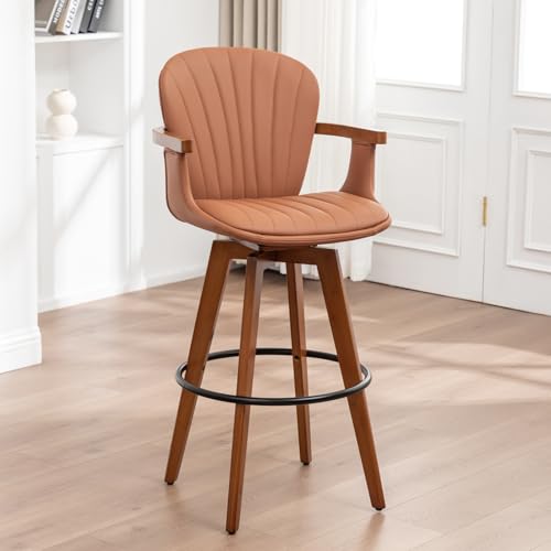 Image of LUNLING 30 inch Bar Height Stools,Mid Century Modern Bar Stool,Brown PU Leather Kitchen Island Stools,Wood High Barstools Swivel with Back and Arms for Home Bar Furniture,1PCS