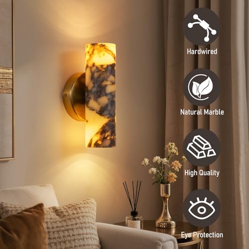 Image of Natural Marble Wall Sconces Set of 2, Alabaster Wall Light, Hardwired Wall Light Fixtures, Modern Wall Mount Wall Lights for Dining Room Stairs Bedroom Bathroom Hallway