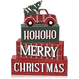 Yousoontic 4 Pcs Christmas Wooden Table Decorations Red Truck Rustic Block Signs Centerpiece Tiered Tray Decor Winter Wood Farmhouse Tabletop Decor Gift for Kitchen Entryway Home Desk
