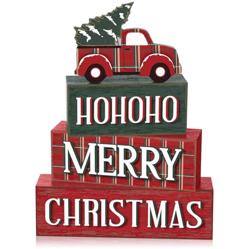 Yousoontic 4 Pcs Christmas Wooden Table Decorations Red Truck Rustic Block Signs Centerpiece Tiered Tray Decor Winter Wood Farmhouse Tabletop Decor Gift for Kitchen Entryway Home Desk