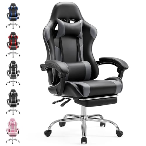 Sweetcrispy Videospiel-Schreibtischstuhl - Ergonomischer Computerstuhl mit Fußstütze und bequemer Lendenwirbelstütze, PU-Leder-Liegesessel mit Kopfstütze,grau