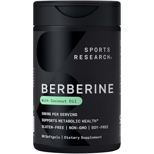 Sports Research Berberine Supplement with Coconut Oil - Herbal & Ayurvedic Metabolic Health Support - Berberine 500mg, 90 Softgels - Gluten-Free, Non-GMO Berberine Powder