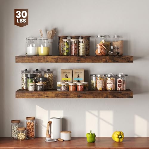 Image of Dreamland 40 inch Floating Shelves for Wall, 12 inch Deep Thicker Floating Shelves, Wall-Mounted Shelves for Bedroom, Living Room, Kitchen, Bathroom,Rustic Brown - Set of 2