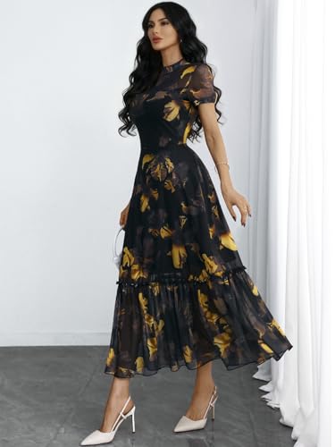 Image of GothDark Women's Summer Floral Mesh Ruffle Dress Short Sleeve Round Neck Waist Cinched Casual Maxi Wedding Guest Dresses