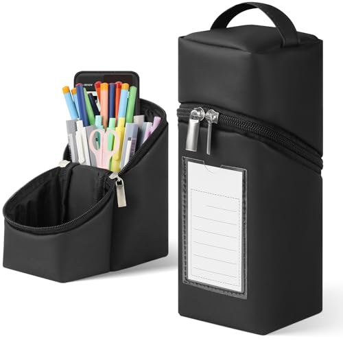 Zeckzoin Standing Aesthetic Pencil Case Pouch Large Capacity Preppy Double Zipper with Handle Multi Compartments Organizer (Black)