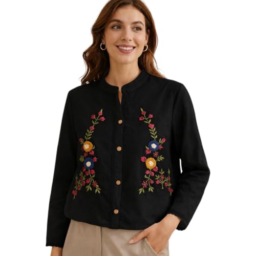 Image of RIEKA Womens Off White Cotton Shirt with Multicolour Floral Embroidery Button Down Mandarin Collar Relaxed Fit Casual Wear Top