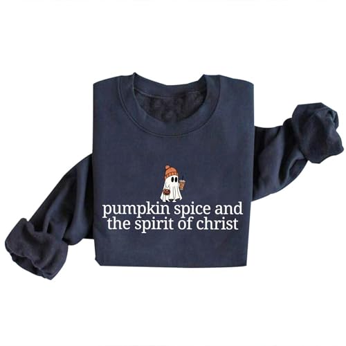 Image of TONGCHEN Pumpkin Spice and Spirit of Christ Sweatshirt Women Boo Jee Ghost Sweatshirts Halloween (US, Alpha, XX-Large, Regular, Regular, Haze Blue)