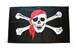 High Supply 3x5 Pirate Flag Jolly Roger with Red Bandana and with Crossed Bones, Made with 100% Polyester Fabric, Double Stitched Edges, and Two Resilient Brass Grommets, Pirate Flag Skull