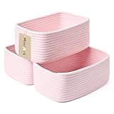 MiniArk Small Storage Baskets for Organizing | Closet Organizer Bins | Shelf Toy Basket | Woven Rope Baskets | Cube Decorative Box | Shallow Basket | 11.5x7.5x4.7" | 3 Packs Light Pink
