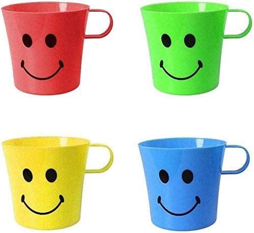 GREY LOOK Smiley FACE Mugs Colour Cups Kids Children~Garden Party BBQ Plastic Beaker Cups-Handled Camp/Travel Set with Handle Color Drinking - Reusable TUMBLERS for OR General USE at Home (4)