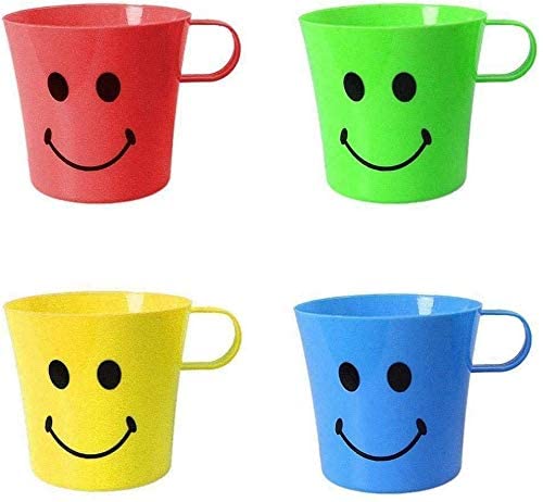 GREY LOOK Smiley FACE Mugs Colour Cups Kids Children~Garden Party BBQ Plastic Beaker Cups-Handled Camp/Travel Set with Handle Color Drinking - Reusable TUMBLERS for OR General USE at Home (4)