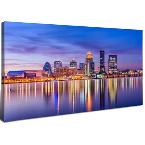 Louisville City Wall Art Sunset Kentucky Decor Colorful Waterfront Park Canvas Prints Pictures Louisville Skyline Painting Cityscape Poster Artwork for Kitchen Living Room Home Decoration 24x48”