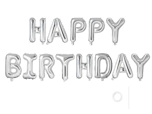 YUNGSUN Silver Happy Birthday Balloons Banner, 16 Inch Reusable 3D Letter Aluminum Foil Inflatable Letter Balloon Sign for Party Decoration and Event Supplies