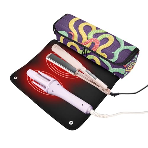 Bolsa de viaje para herramientas de cabello para mujer con tapete resistente al calor removible, soporte para rizadores, planchas y accesorios de cuidado capilar, diseño de serpiente caricatura miniatura 2