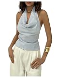 SOLY HUX Women's Striped Deep V Neck Bow Tie Backless Halter Blouse Tops Y2k Sleeveless Shirts Blue Striped Large