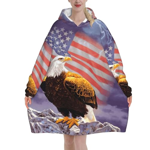 Couverture à capuche motif aigle flanelle épaisse à manches et poche géante
