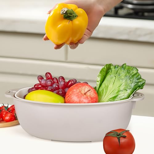 VECELO 2 In 1 Colander Strainer with Bowl Set, Fruit Vegetable Washing Colanders & Food Strainers, Heat-Resisted, Double Layer Colander for Kitchen for Pasta, Berry, Salads, Grey by VECELO - Used condition - Image 7