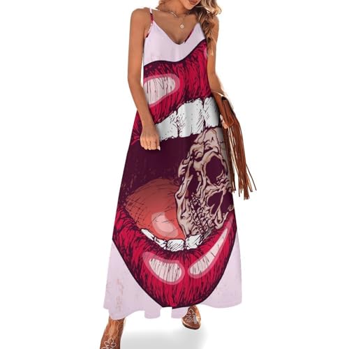 Robe longue été sans manches anti-chaleur imprimé lèvres squelette pour la plage