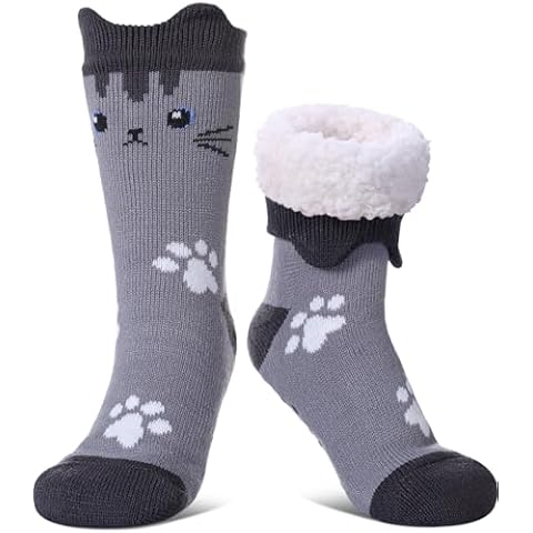 FNOVCO Cat Socks Fuzzy Slipper Socks for Women with Grippers, Cozy Warm Sherpa Lined Slipper Socks (Grey, 10-12) Cover