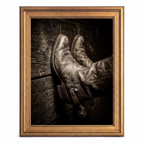 Framed Canvas Wall Art Vintage Western Leather Cowboy Boots Sepia Textured Wood Close Up Canvas Print Poster Gold Frame Wall Decor for Living Room Study Cowboy Art, Rustic Decor - Inch 16x20