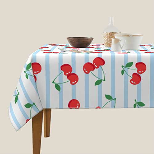 Cherry Fruit Tablecloth Cherry Blue White Stripe Square Tablecloth, All Season Universal Waterproof Wrinkle,Suitable For Dining Room, Outdoor,60"X60" #TOP4