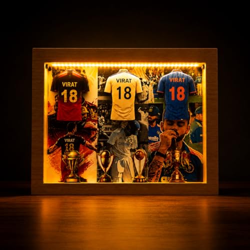 Image of #18 Cricket Jersey Shadow Box Frame with LED Light | RCB Cricket Fan Gift | Sports Display Box for Gaming Room & Bedroom Decor | Cricket Gifts for Men (Virat Kohli)