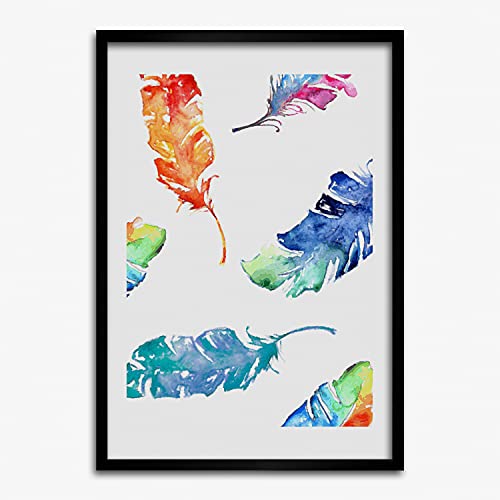 Tableau moderne plumes colorées Tulup et son cadre en bois 50x70 cm pour chambre parentale