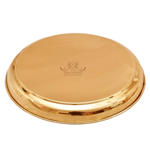 Image of 6 Piece Pure Brass Dinner Set with 12 Inch Thali 1 Glass 2 Bowls 1 Sweet Dish 1 Spoon Gold Finish for Dining, Pooja and Gifting