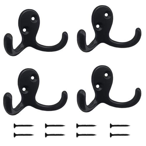 Kruodop 4 Pack Wall Hooks Wall Mounted Coat Hooks for Hanging Heavy Duty, Black Towel Hooks, Metal Double Coat Hanger with Screws Cup Retro for Coats, Handbags, Towels, Hat