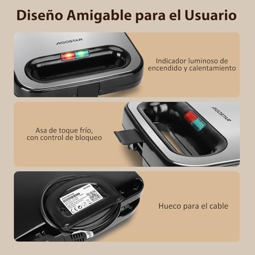Aigostar - Sandwichera 2 Sandwiches, Revestimiento Cerámico Antiadherente, Control Automático de Temperatura 180-200℃, Luces Indicadoras, Asa de Toque Frío, Almacenamiento Vertical, 750W, Lamo Pro - imagen 6
