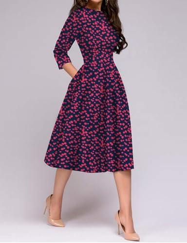 Image of Simple Flavor Women's Floral Vintage Dress Elegant Midi Evening Dress 3 /4 Sleeves