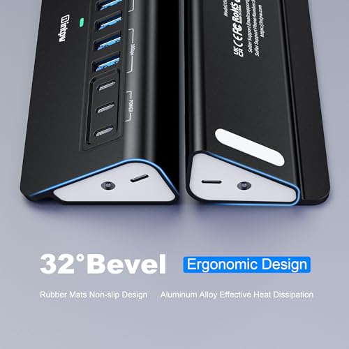 Image of Powered USB Hub 10Gbps, intpw YH9AC 12-Port USB C Hub with 10Gbps USB C 3.2, 2 USB A 3.2, 7 USB 3.0, 2 PD 45W Charging Port, 65W Power Adapter + 3.3FT Cable, Aluminum USB Hub for Laptop /iPhone16 /15 /PC