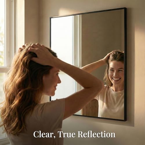 Pocetry 36\"x36\" Square Black Bathroom Mirror, Shatterproof Tempered Glass, Large Geometric Vanity Mirror, Oversized Ultra-Flush Wall-Mounted - Thumbnail 3