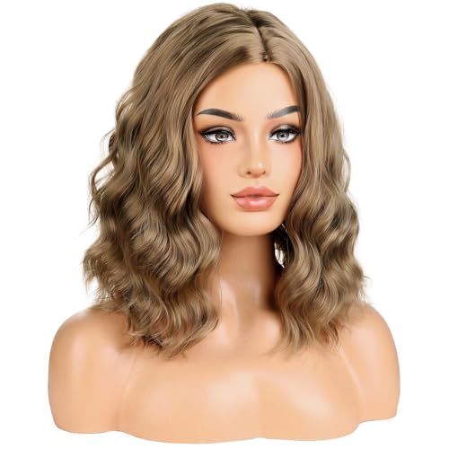 Image of BERON Ash Blonde Side Part Short Curly Wave Wig for Women Girls Blond Shoulder Length Wavy Heat Resistant Synthetic Wigs Cosplay Party or Daily Use