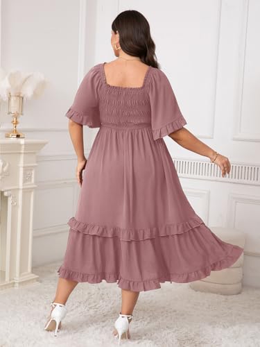 Image of SCOMCHIC Women's Plus Size Maxi Dresses Summer Short Sleeve Square Neck Smocked Wedding Guest Cocktail Boho Long Dress