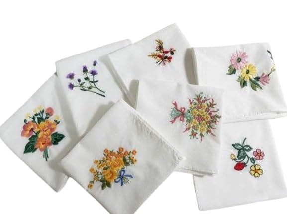 Shree adodhya hand embroidered floral bouquet set of 7 white cotton handkerchief - elegant vintage design-image-20
