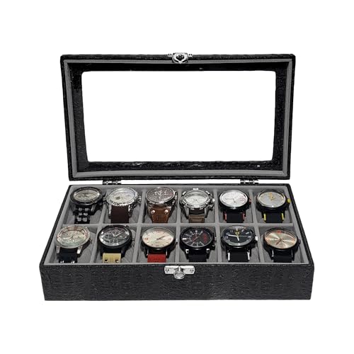 Estojo Para 12 Relógios Com Vidro Preto Com Interno Aveludado Cinza Caixa Maleta Porta Relógio