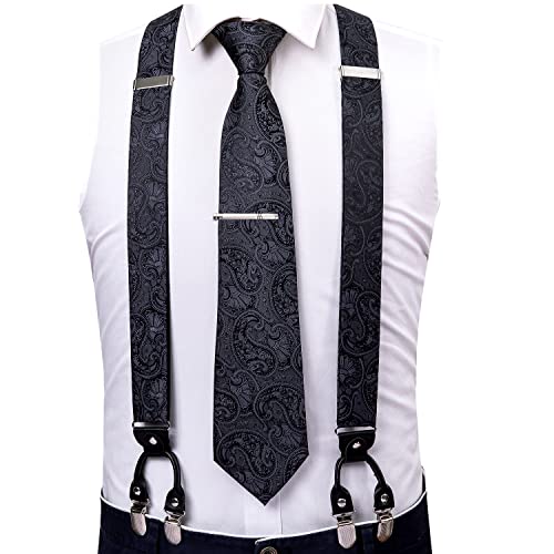 Image of Barry.Wang Men Suspender Set with Necktie Elastic Y Type Heavy Duty 6 Clips Braces Tie Handkerchief Cufflink Pin 6PCS